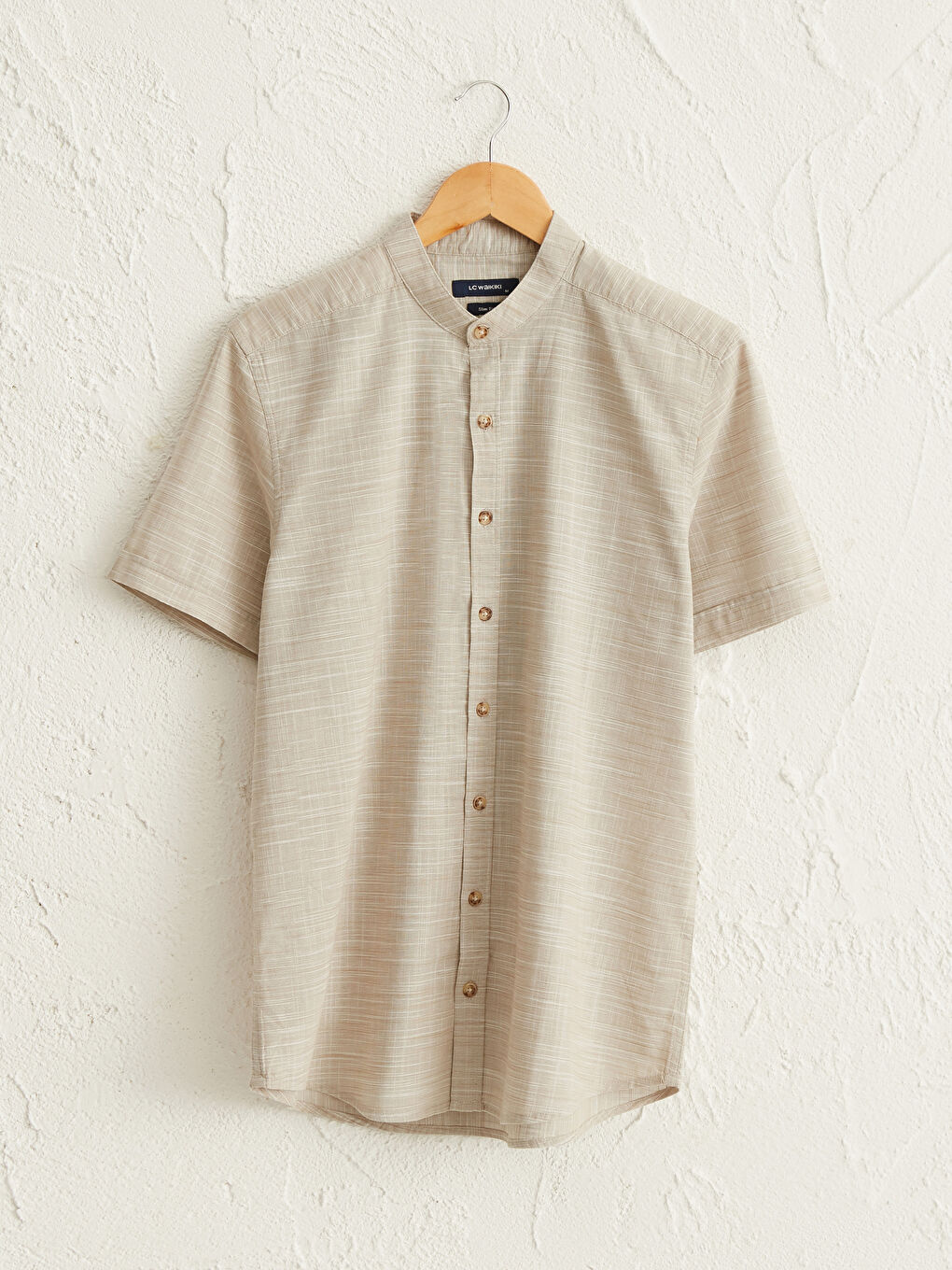Slim Fit Grandad Collar Short Sleeve Poplin Shirt