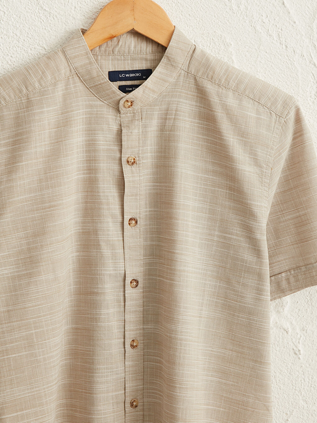 Slim Fit Grandad Collar Short Sleeve Poplin Shirt-2