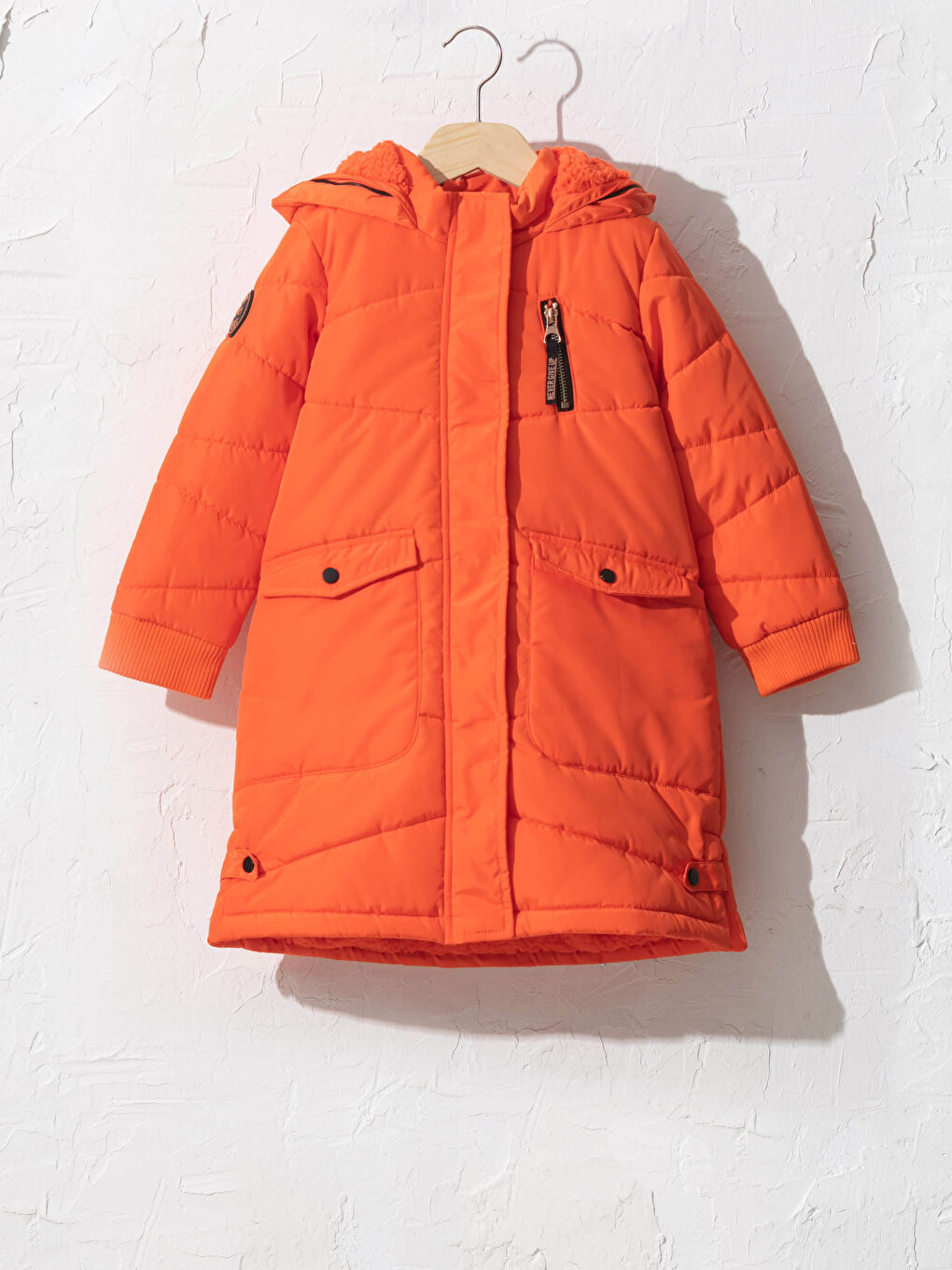 Turuncu Tüylü Kapüşonlu Kız Çocuk Kaban-2