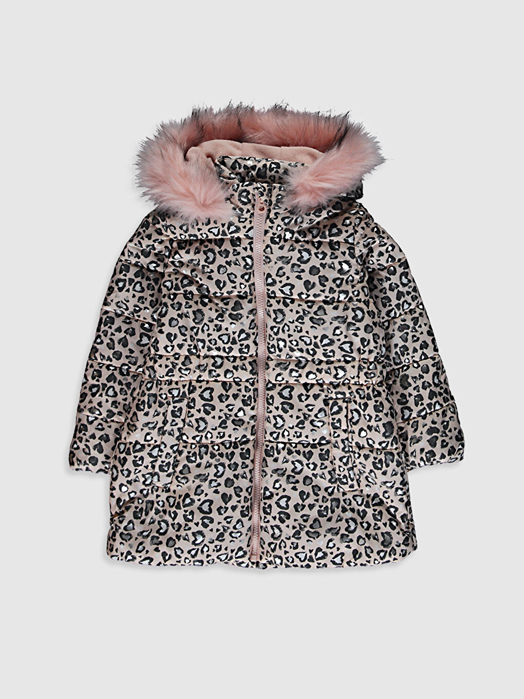 Feathered Hooded Printed Girl's Coat