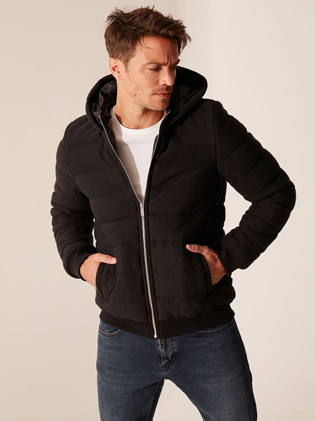 Lacivert Kapüşonlu Kapitone Erkek Mont