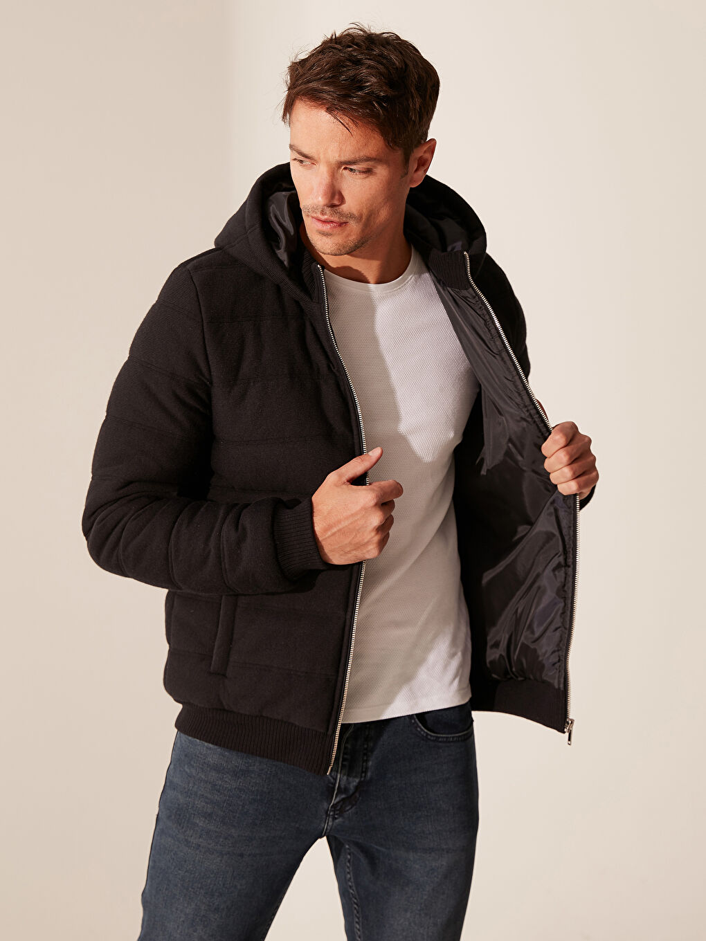 Lacivert Kapüşonlu Kapitone Erkek Mont-1