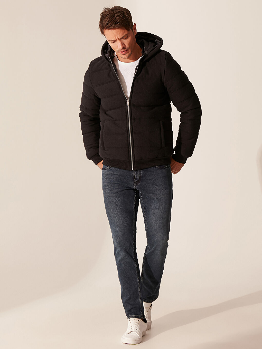 Lacivert Kapüşonlu Kapitone Erkek Mont-4