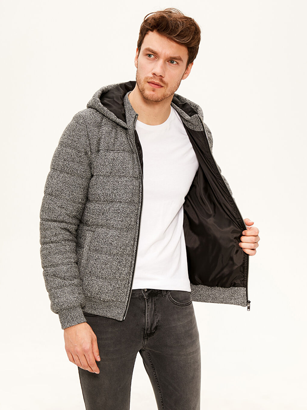 Gri Kapüşonlu Kapitone Erkek Mont-2