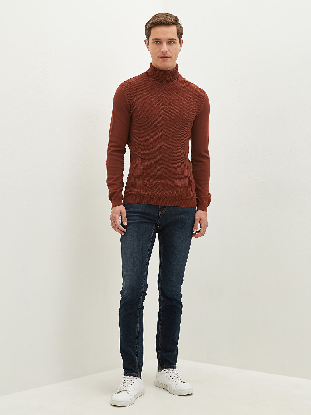 Kahverengi Balıkçı Yaka Basic İnce Triko Kazak-2