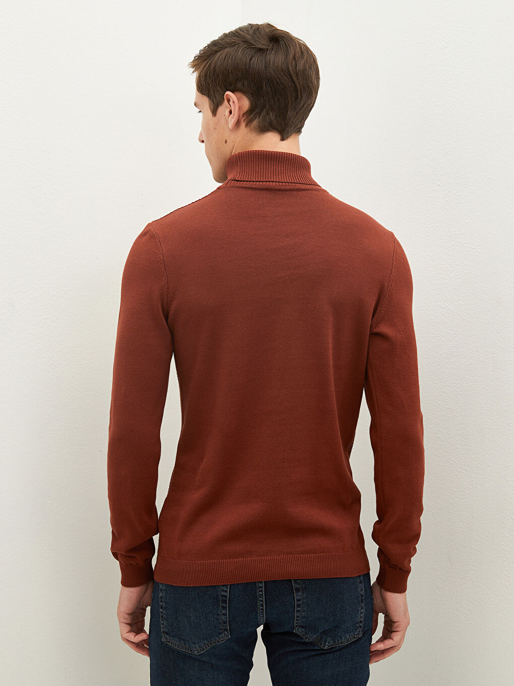 Kahverengi Balıkçı Yaka Basic İnce Triko Kazak-3