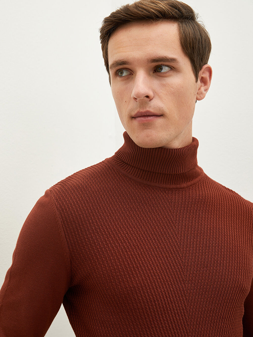 Kahverengi Balıkçı Yaka Basic İnce Triko Kazak-4