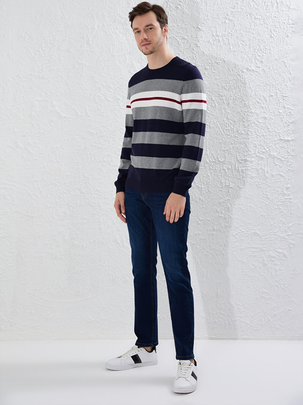 Светр з круглим вирізом горловини, смугастий, тонкий, трикотажний-2