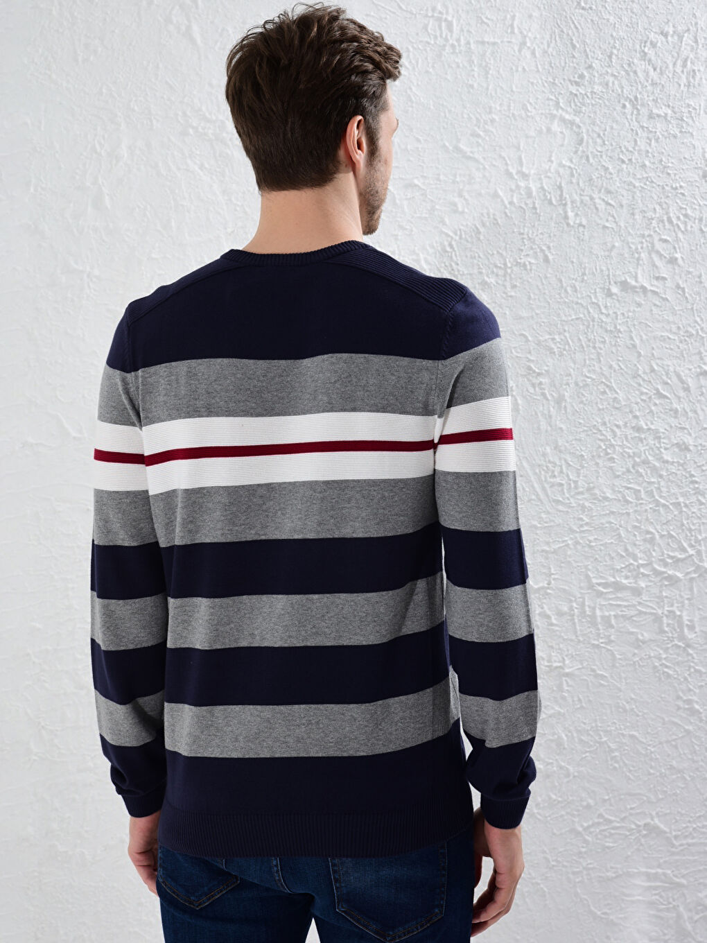 Светр з круглим вирізом горловини, смугастий, тонкий, трикотажний-3