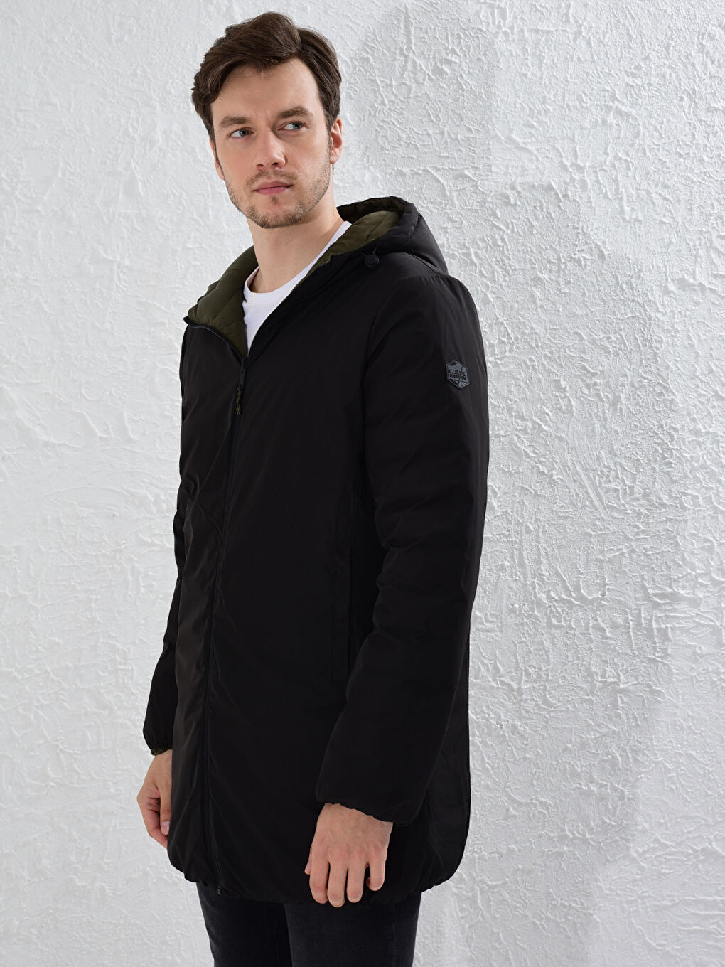 Haki Rahat Kalıp Kapüşonlu Çift Taraflı Şişme Mont-1