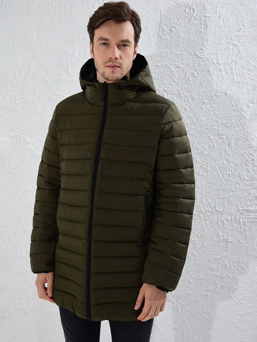 Haki Rahat Kalıp Kapüşonlu Çift Taraflı Şişme Mont-2