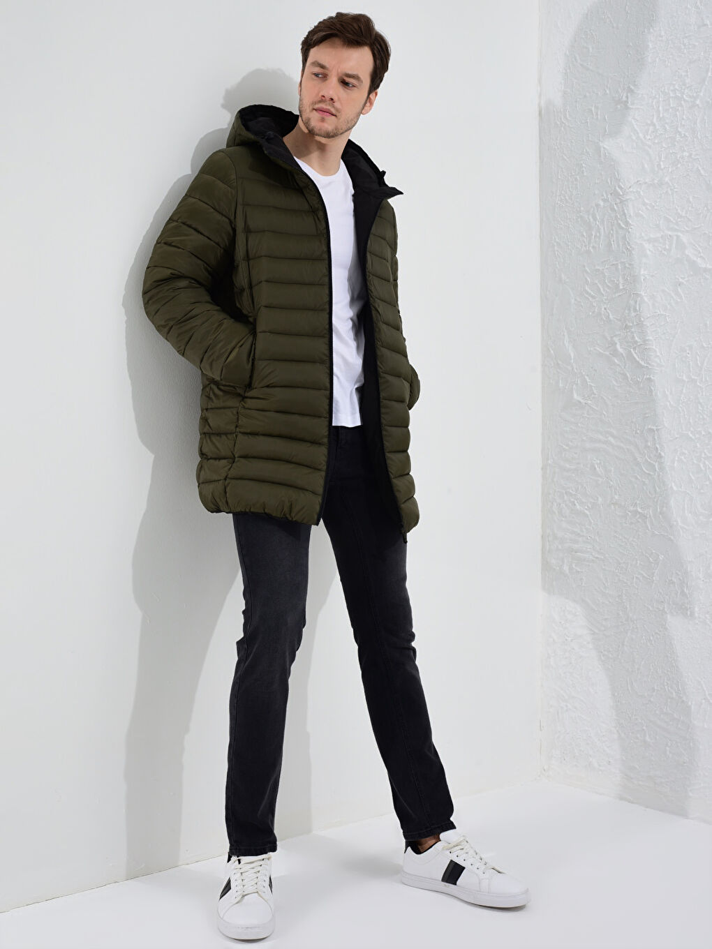 Haki Rahat Kalıp Kapüşonlu Çift Taraflı Şişme Mont-3