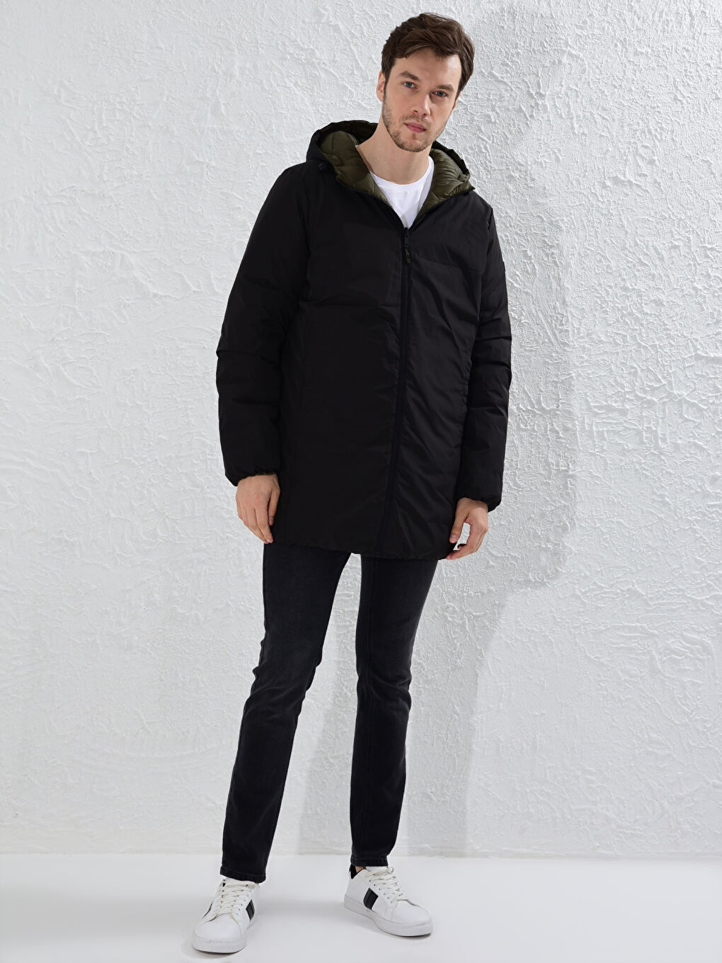 Haki Rahat Kalıp Kapüşonlu Çift Taraflı Şişme Mont-4