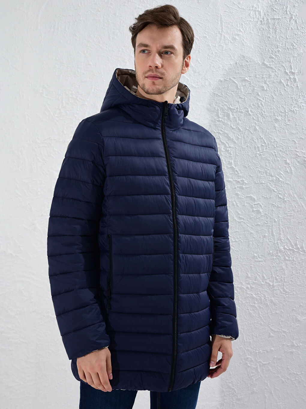 Lacivert Rahat Kalıp Kapüşonlu Çift Taraflı Şişme Mont-2