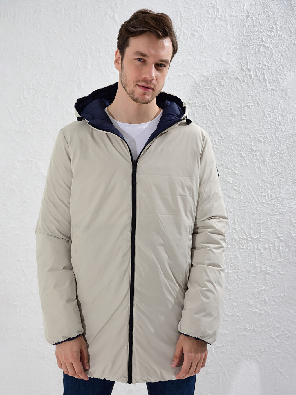 Lacivert Rahat Kalıp Kapüşonlu Çift Taraflı Şişme Mont-3