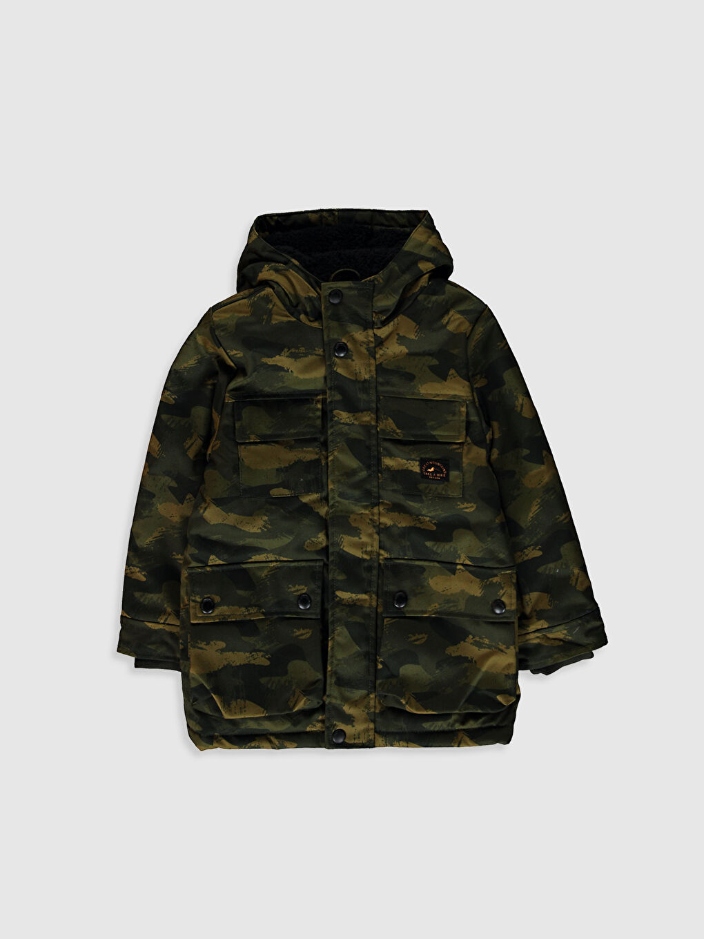 Haki Erkek Çocuk Kamuflaj Desenli Kalın Kaban