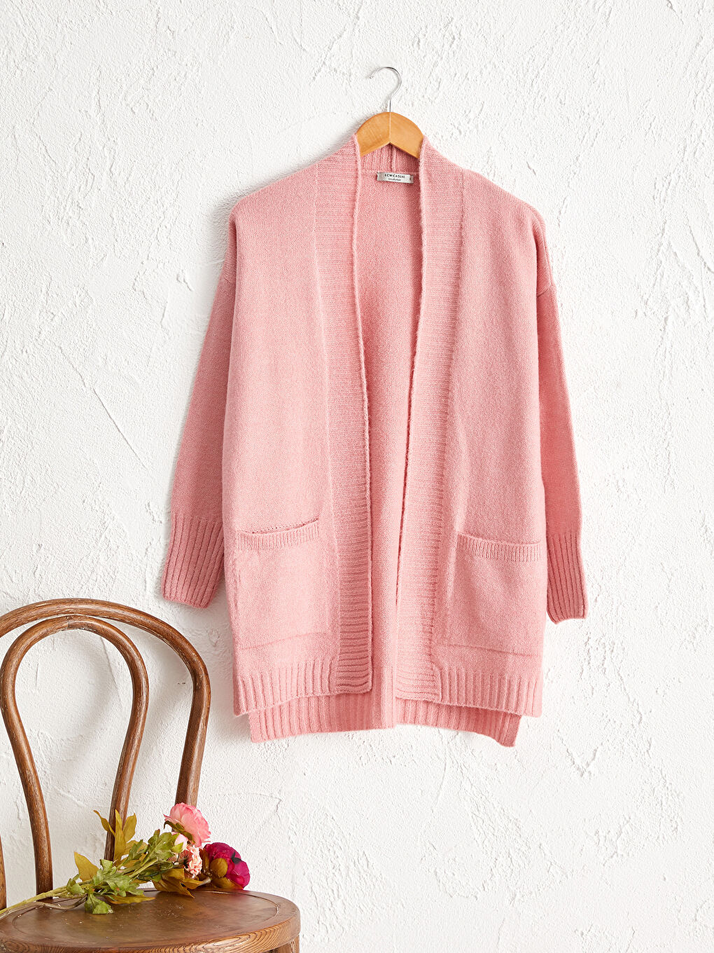 Pembe Uzun Kollu Kadın Cepli Triko Hırka