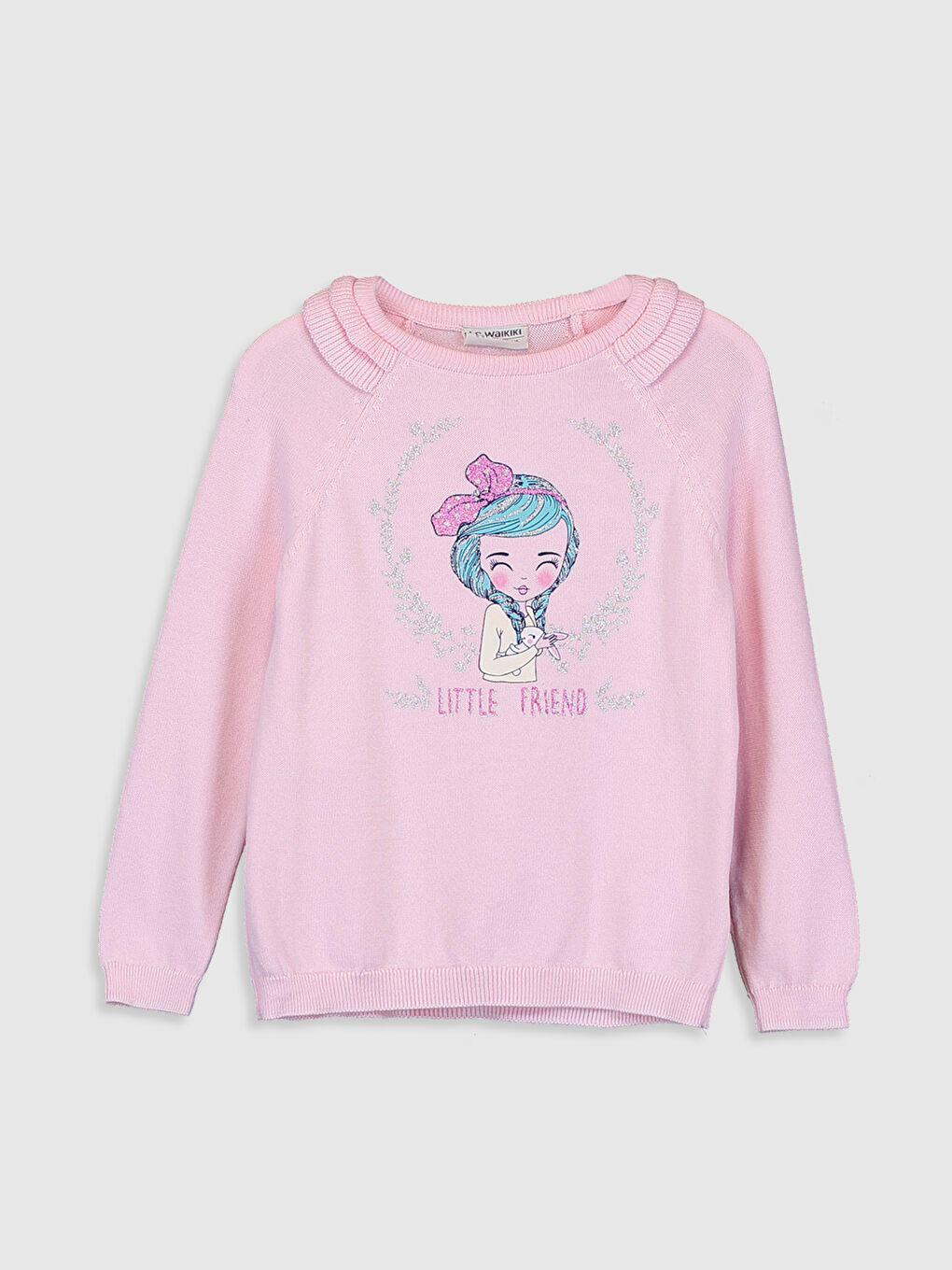 Pembe Kız Çocuk Desenli İnce Triko Kazak