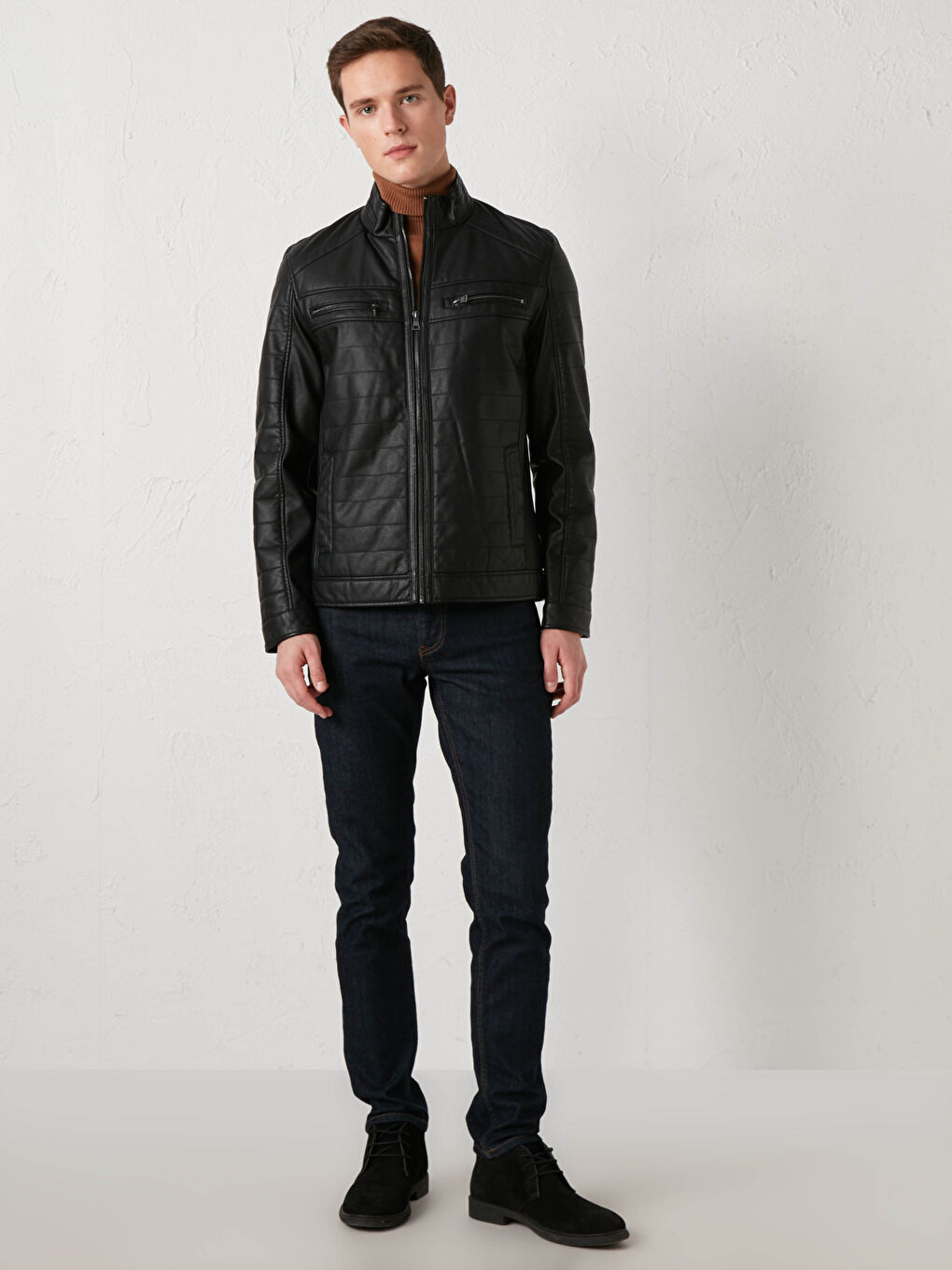 Uski kroj kaput od veštačke kože sa uspravnom kragnom za muškarce-1