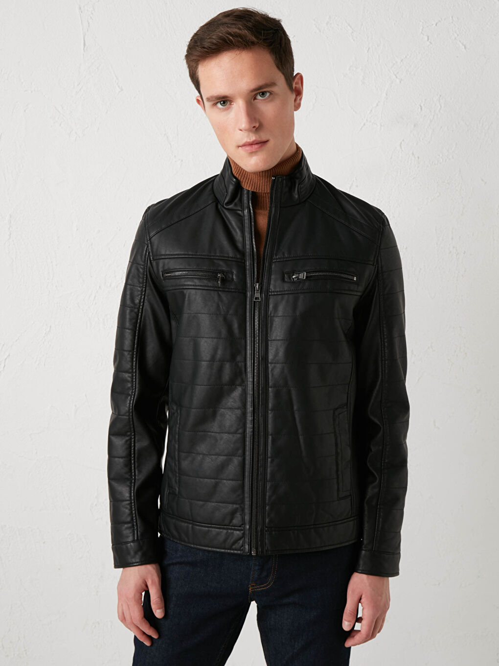 Uski kroj kaput od veštačke kože sa uspravnom kragnom za muškarce-3