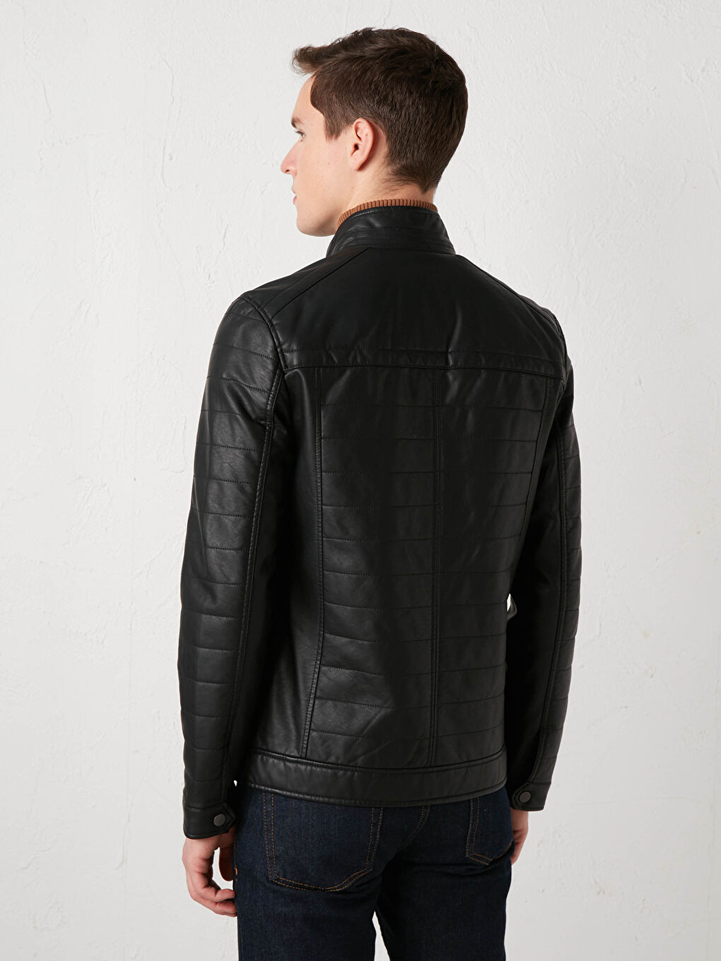 Uski kroj kaput od veštačke kože sa uspravnom kragnom za muškarce-4