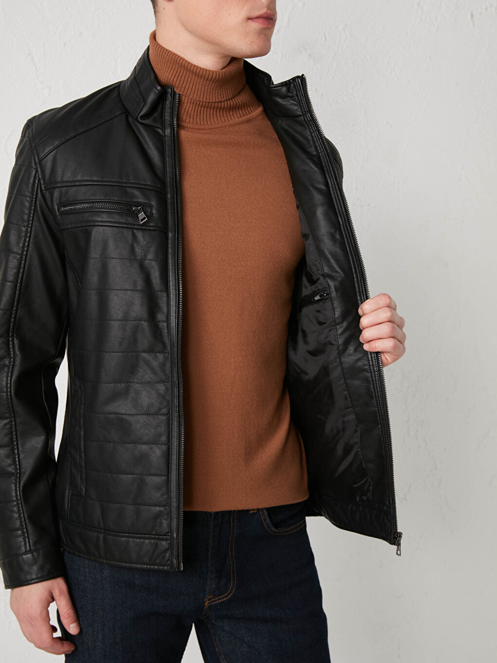 Uski kroj kaput od veštačke kože sa uspravnom kragnom za muškarce-5