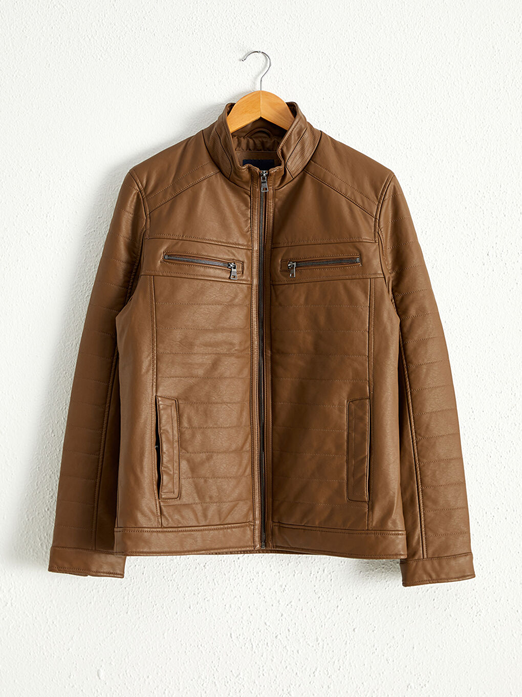 Slim Fit Funnel Neck Men's Faux Leather Coat-7