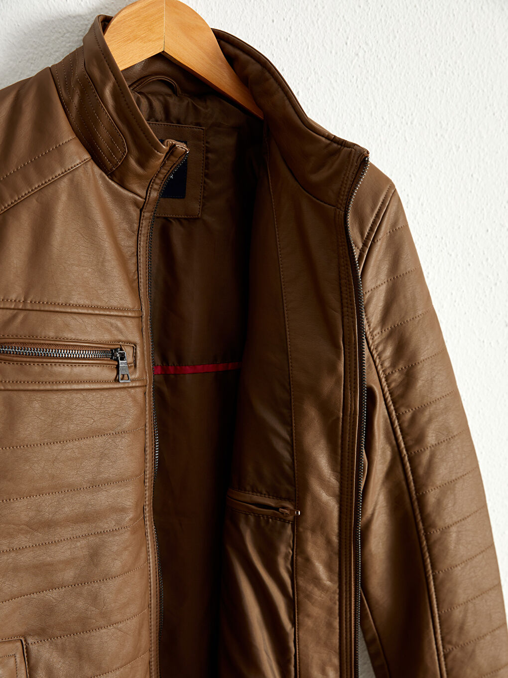 Slim Fit Funnel Neck Men's Faux Leather Coat-8