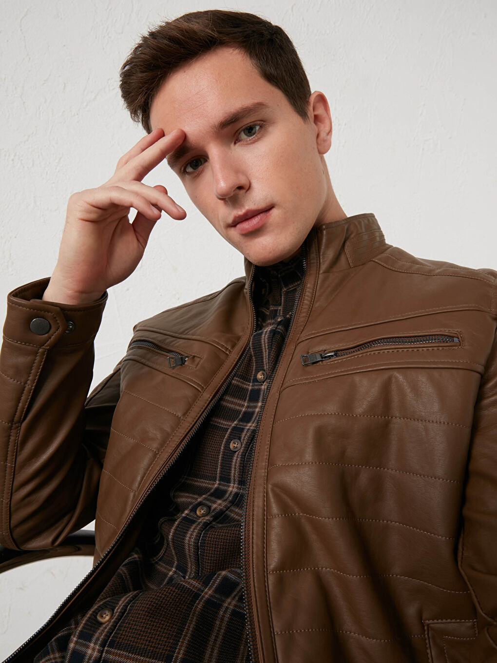 Slim Fit Funnel Neck Men's Faux Leather Coat-2