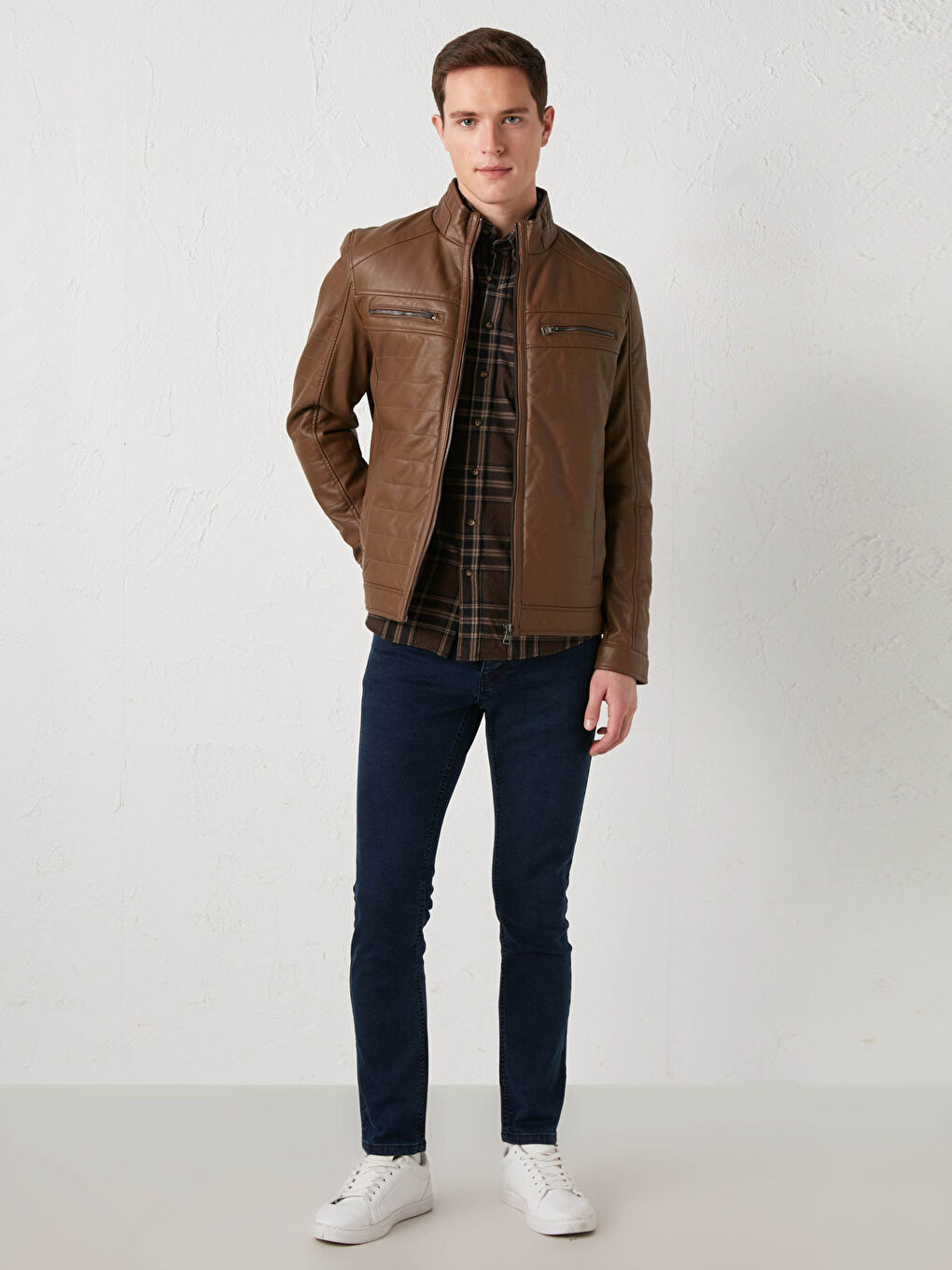 Slim Fit Funnel Neck Men's Faux Leather Coat-3