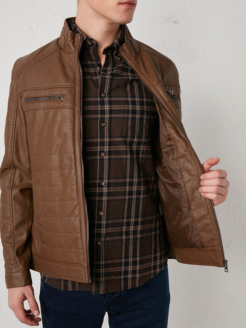 Slim Fit Funnel Neck Men's Faux Leather Coat-5