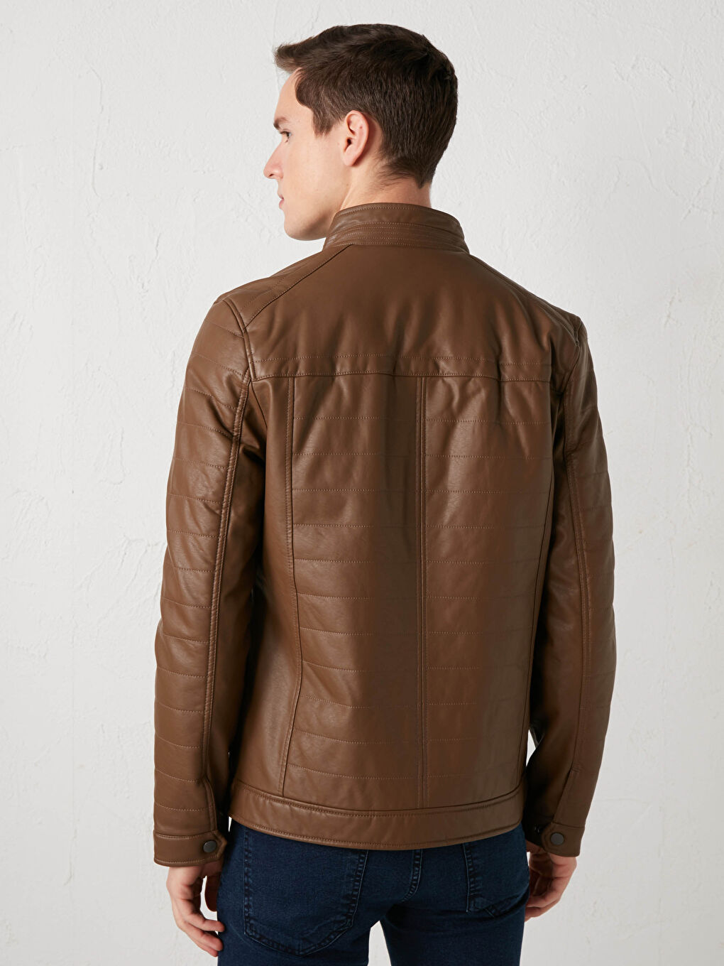 Slim Fit Funnel Neck Men's Faux Leather Coat-6