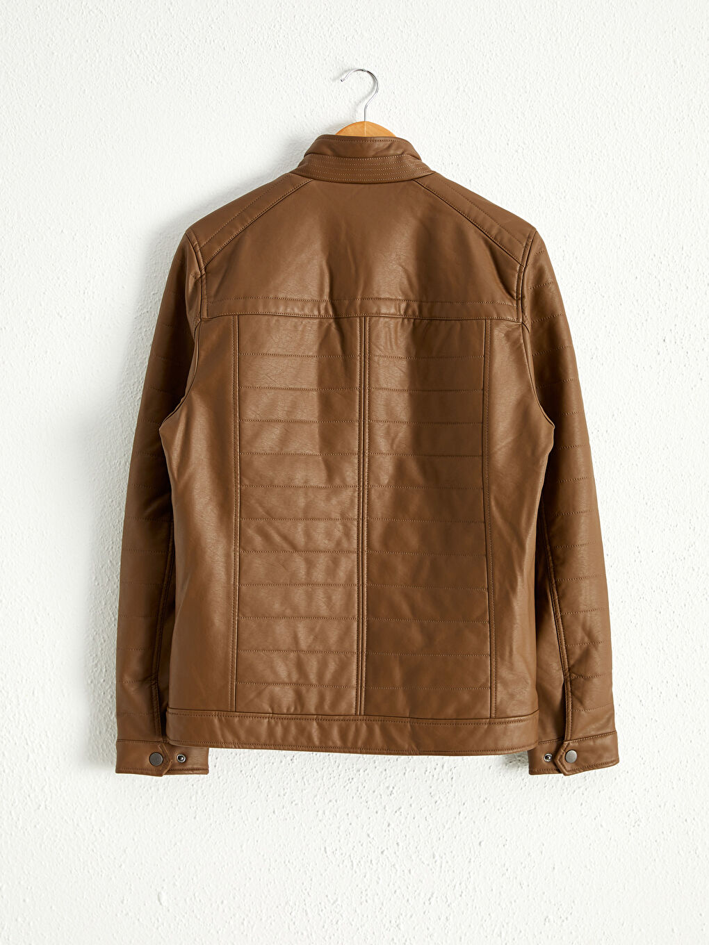 Slim Fit Funnel Neck Men's Faux Leather Coat-9