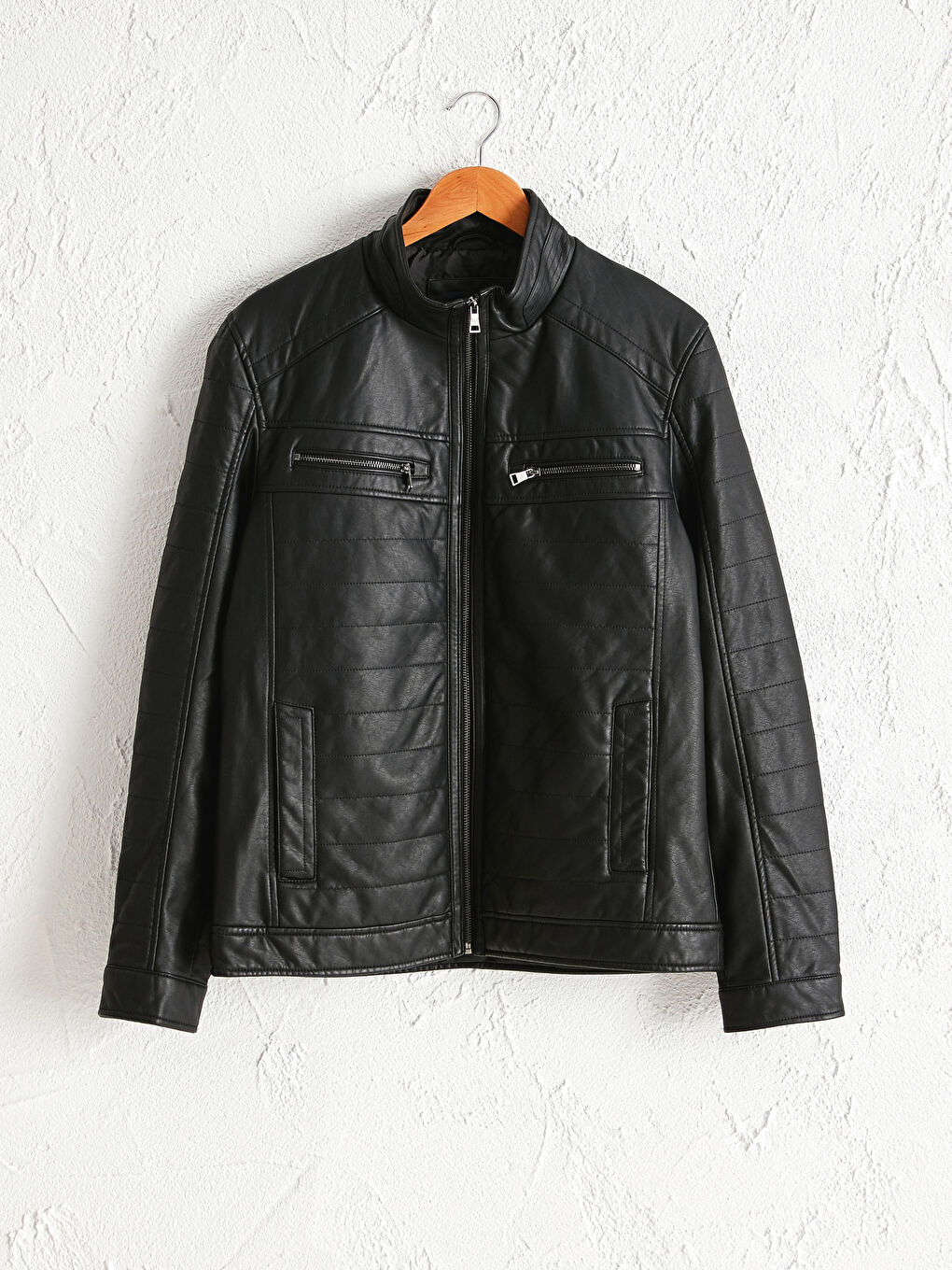 Uski kroj kaput od veštačke kože sa uspravnom kragnom za muškarce-6