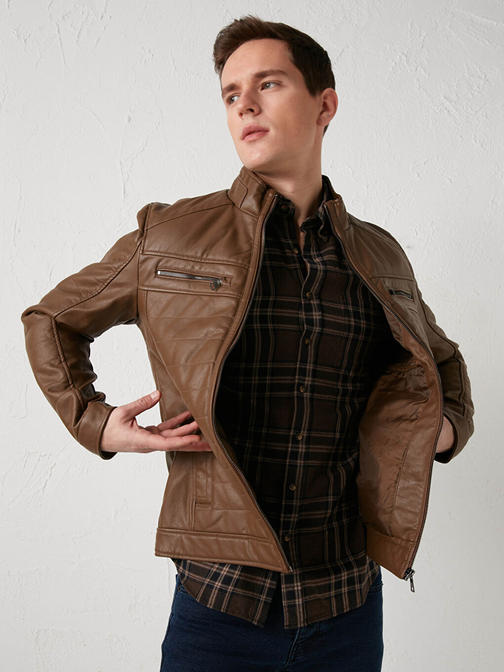 Slim Fit Funnel Neck Men's Faux Leather Coat-1