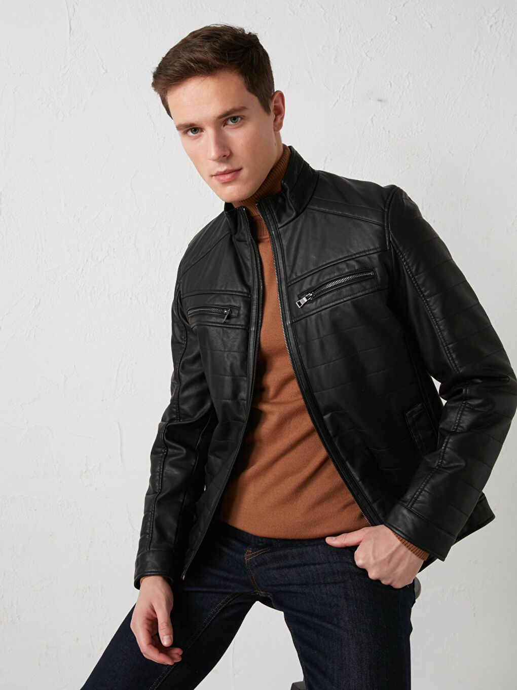 Uski kroj kaput od veštačke kože sa uspravnom kragnom za muškarce