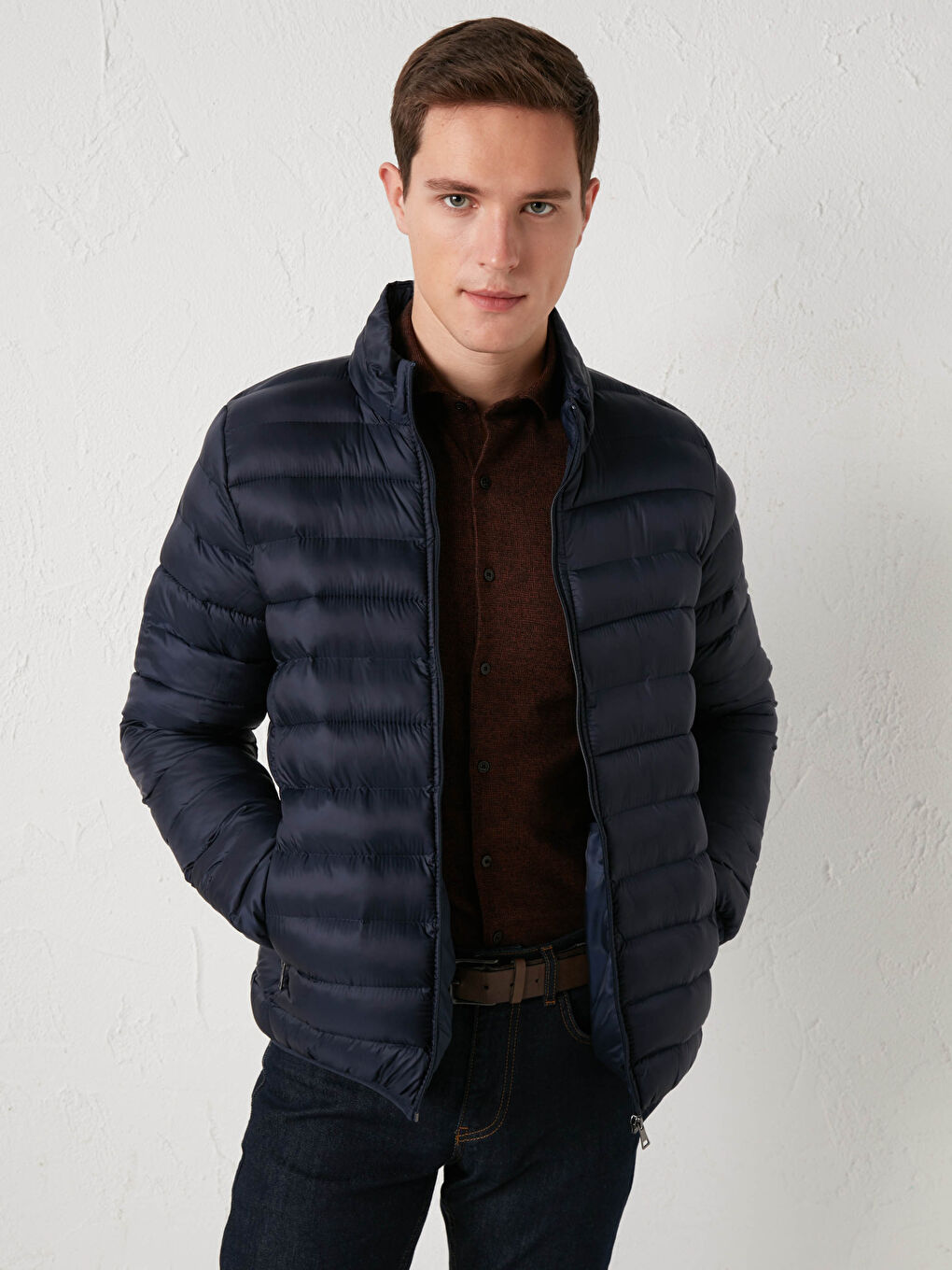 Lacivert Dik Yaka Erkek Şişme Mont