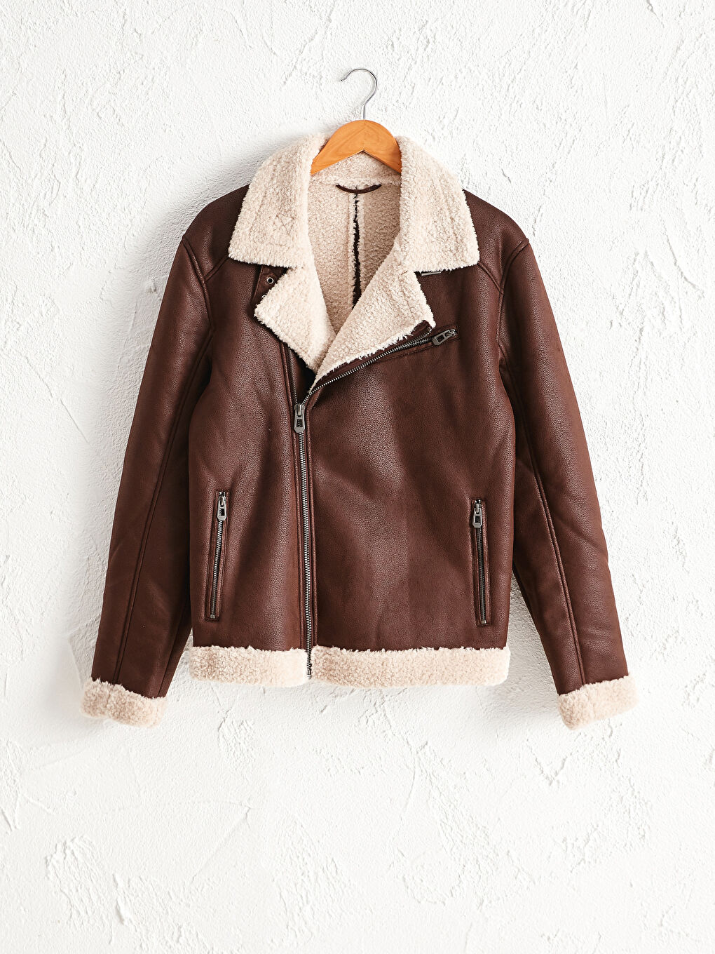 XSIDE Plush Furry Neck Faux Leather Coat -0W2141Z8-J0V