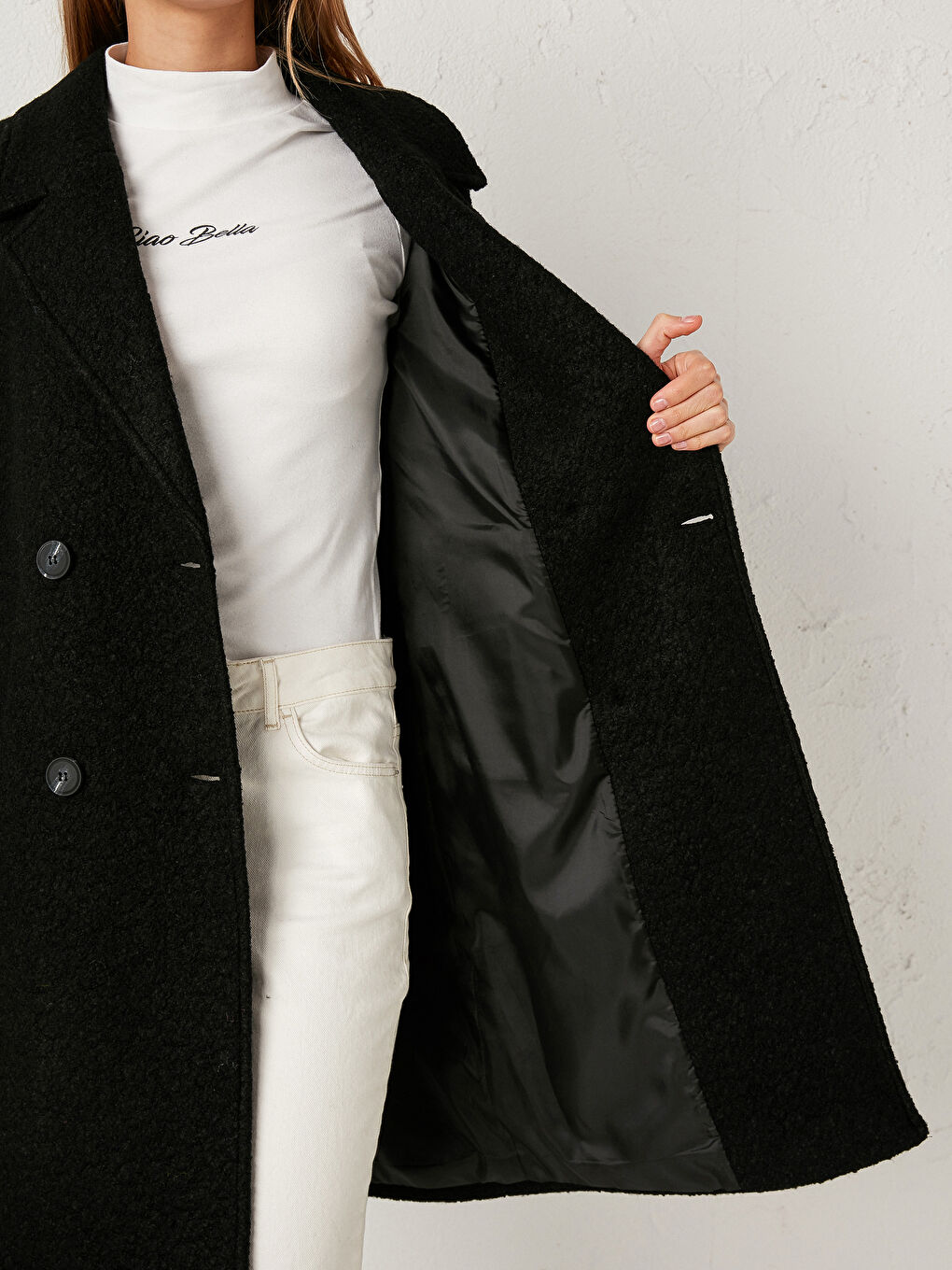 Dik Yaka Uzun Kollu Kadın Kaşe Kaban-6