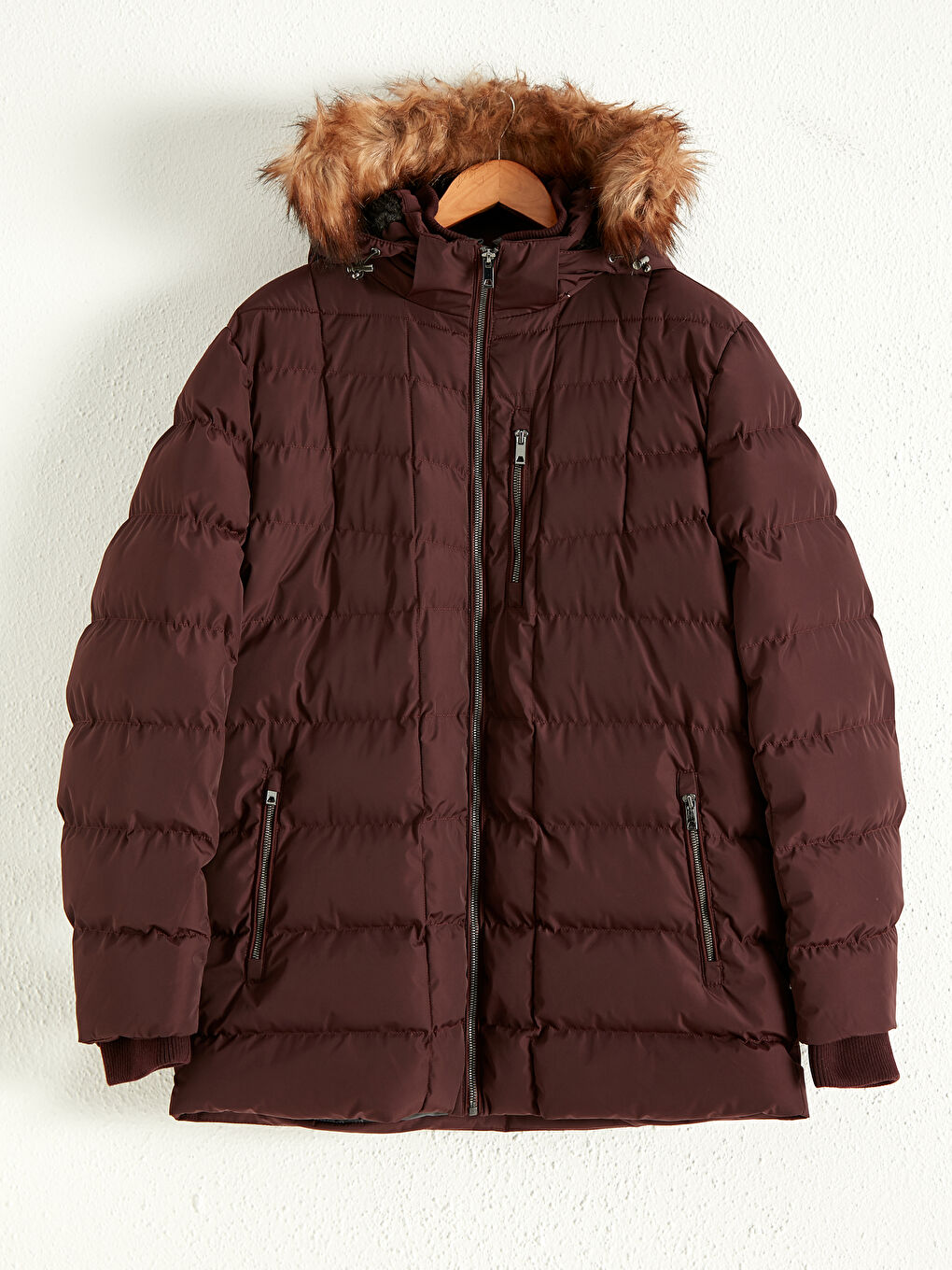 Geacă Matlasată Lungă cu Glugă și Detalii din Blană Artificială