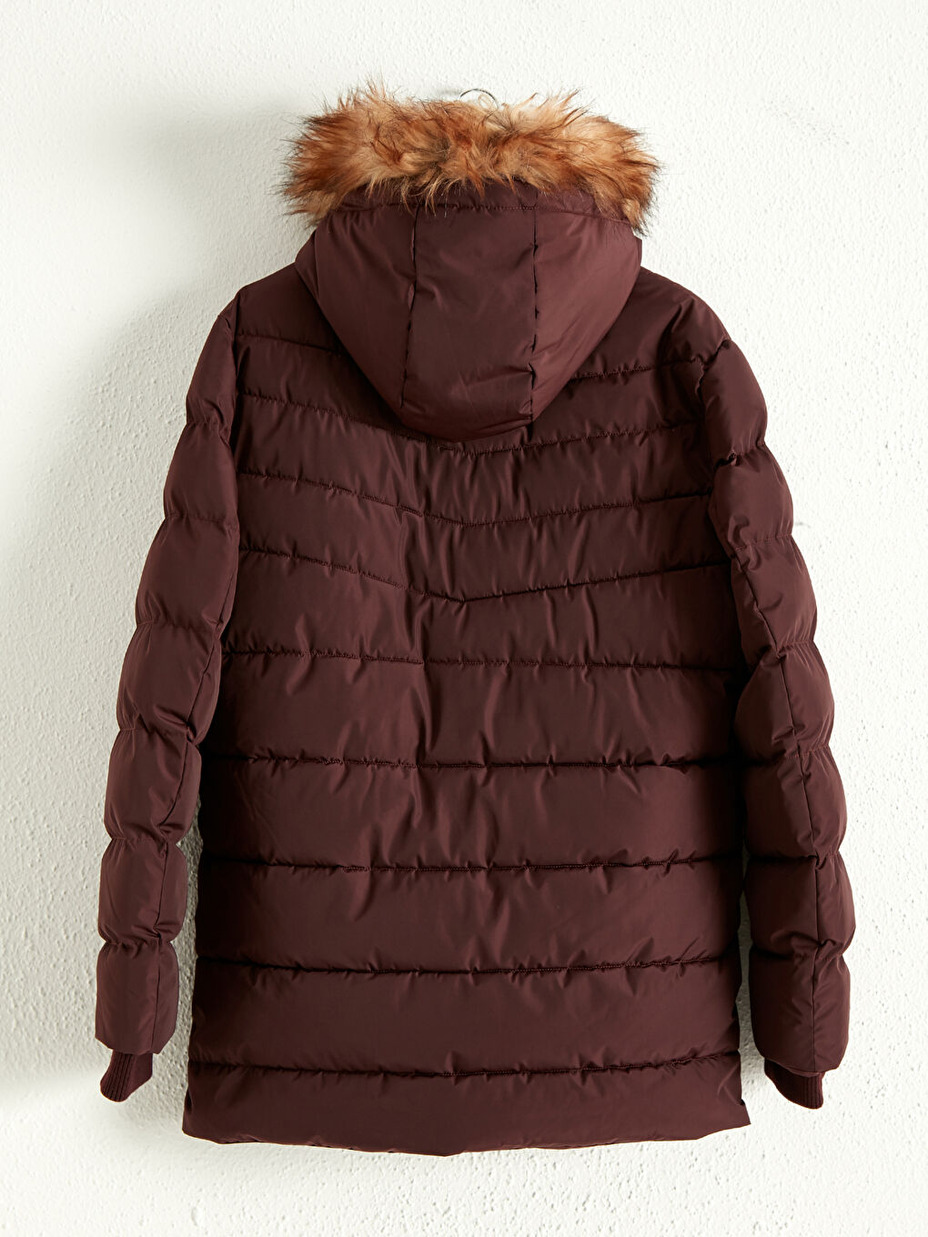 Geacă Matlasată Lungă cu Glugă și Detalii din Blană Artificială-2