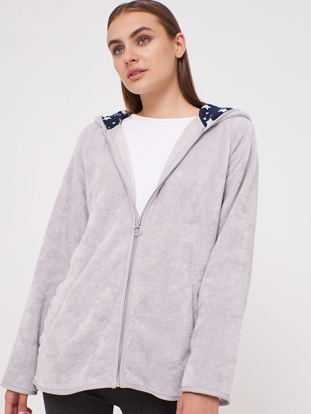 Gri Kapüşonlu Pelüş Sabahlık-1