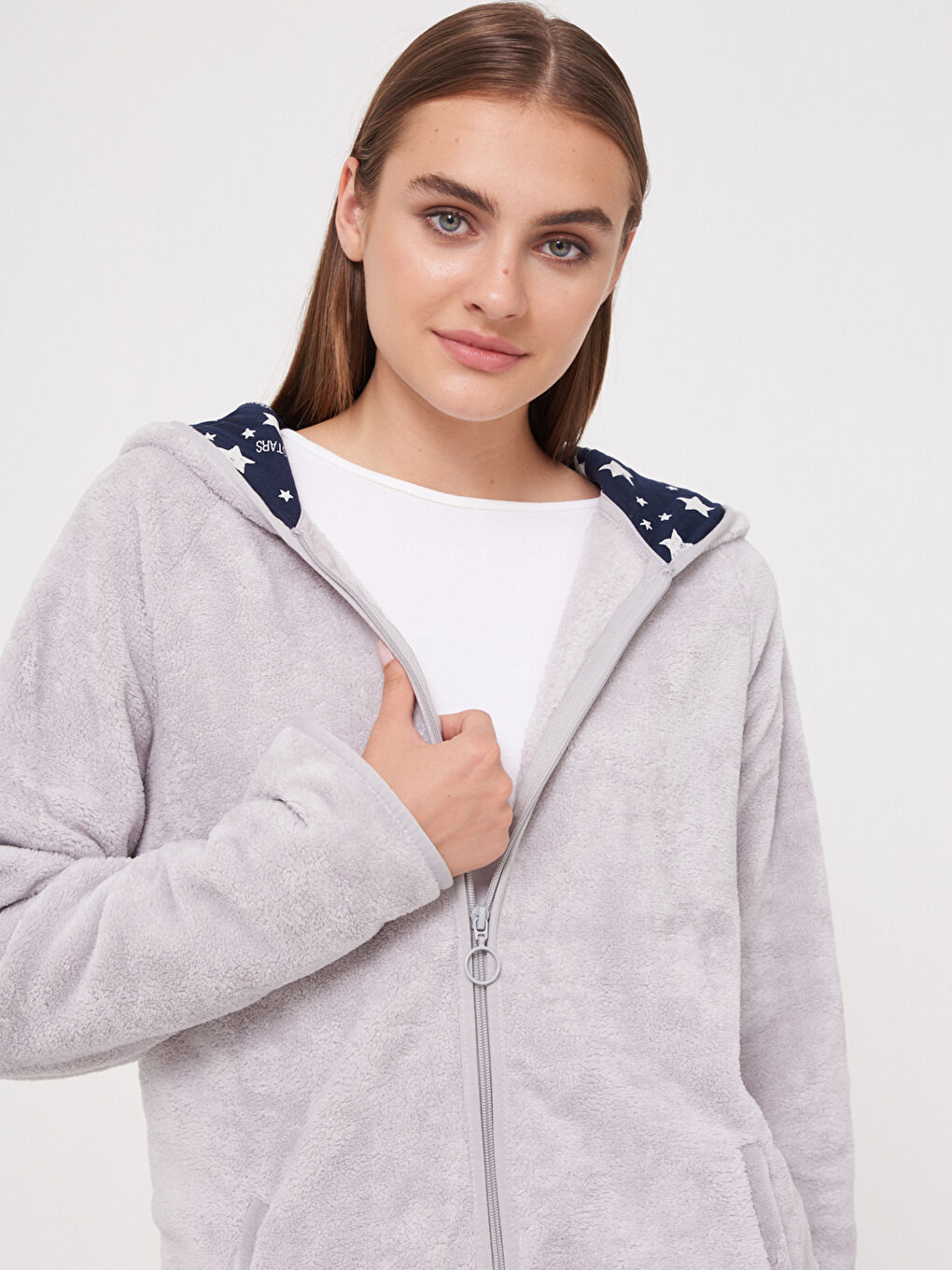 Gri Kapüşonlu Pelüş Sabahlık-2