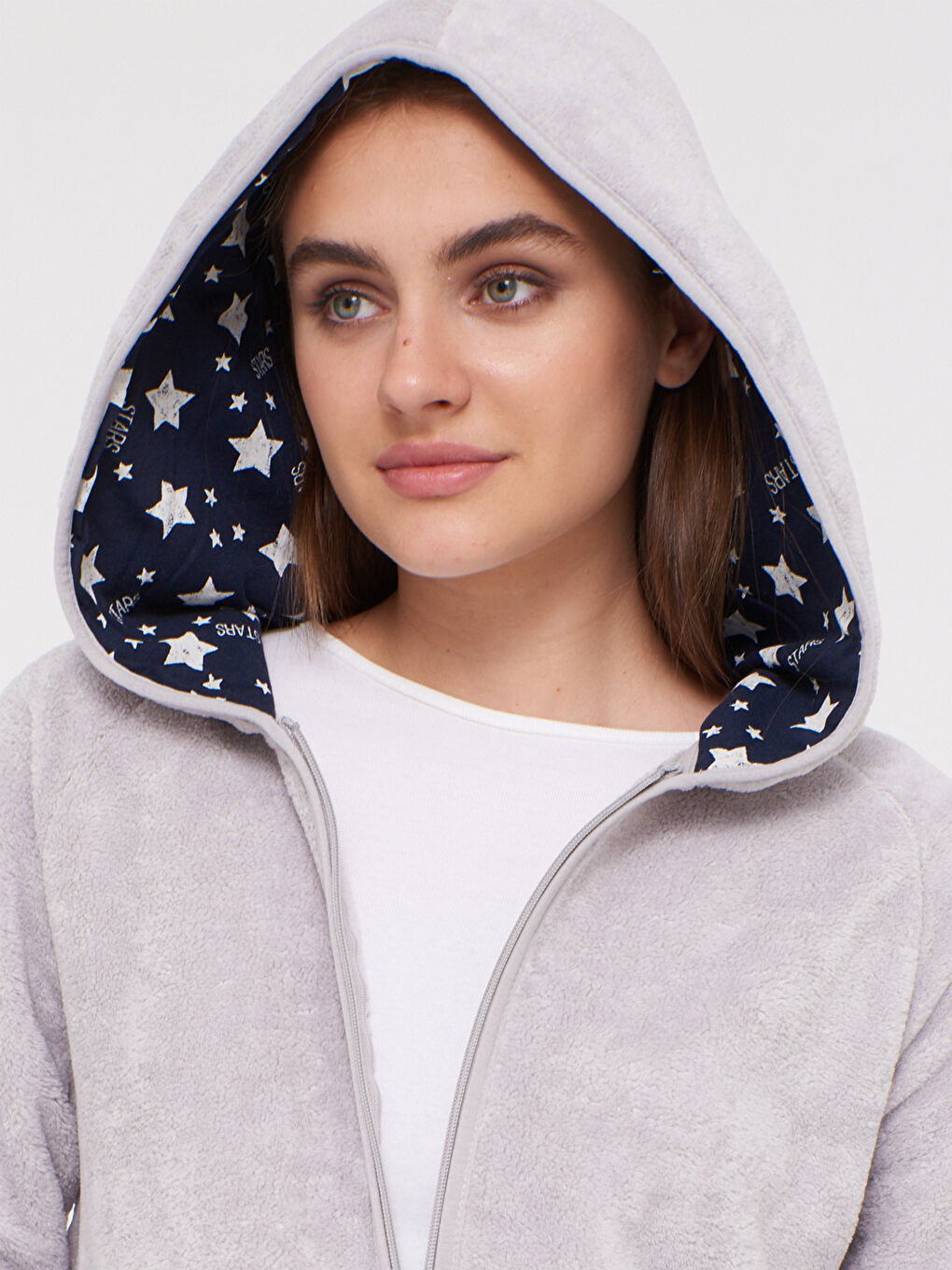 Gri Kapüşonlu Pelüş Sabahlık-3