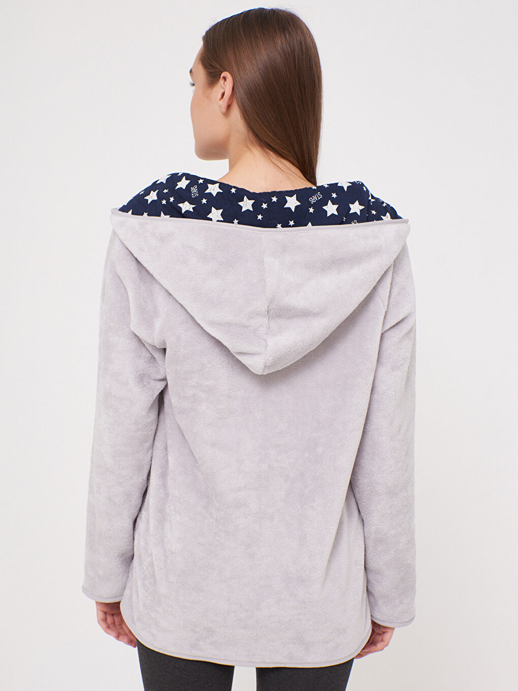 Gri Kapüşonlu Pelüş Sabahlık-4