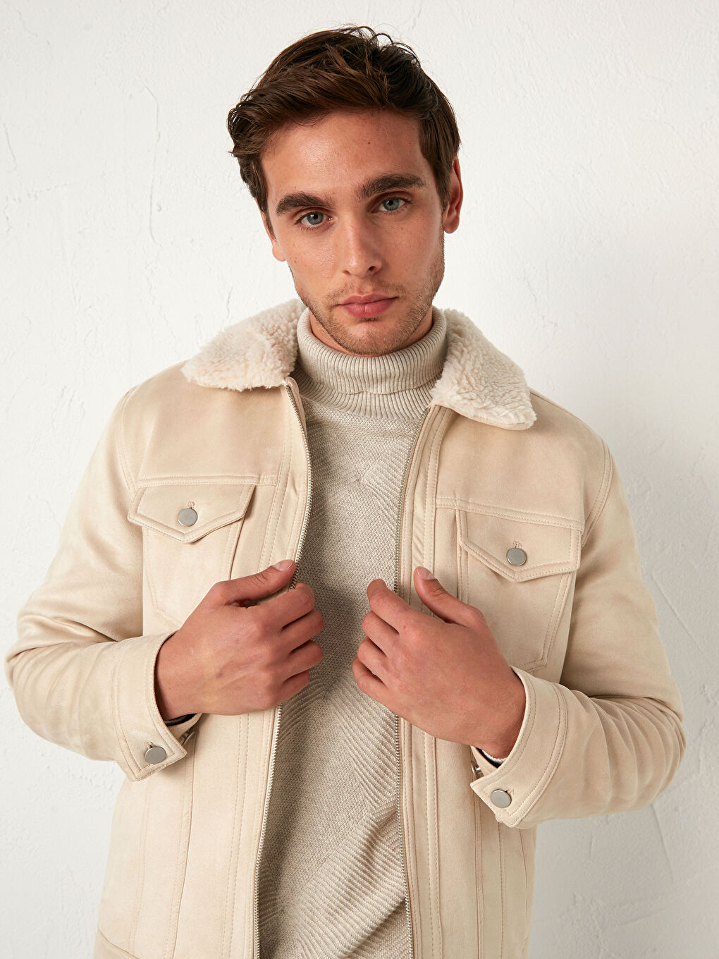 Ekru Slim Fit Kürk Yaka Süet Mont-2