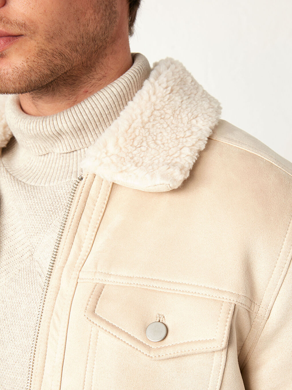 Ekru Slim Fit Kürk Yaka Süet Mont-3