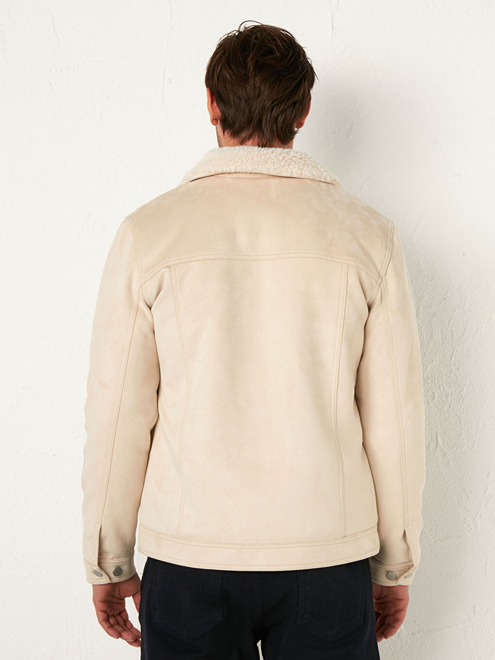 Ekru Slim Fit Kürk Yaka Süet Mont-4