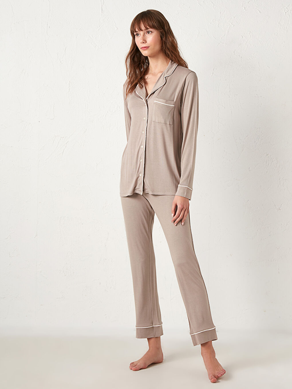 Set de pijama cu detalii în dungi și guler-1