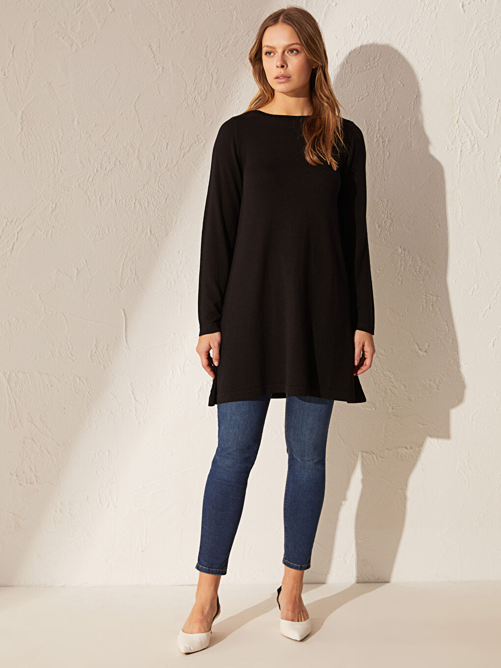 Siyah Kayık Yaka Uzun Kollu Kadın Tunik-2